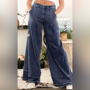 Blue Velvet Wide Leg Denim Pants with Star Patches